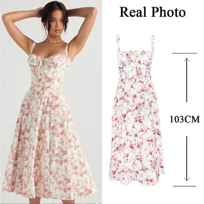 Women's Summer Floral Print Dresses Sweet Elegant Midi Holiday Dress Casual Slit Blue Lace Up Dresses