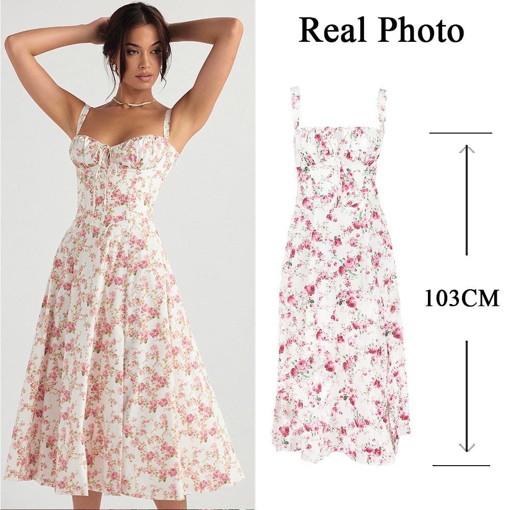 Women's Summer Floral Print Dresses Sweet Elegant Midi Holiday Dress Casual Slit Blue Lace Up Dresses