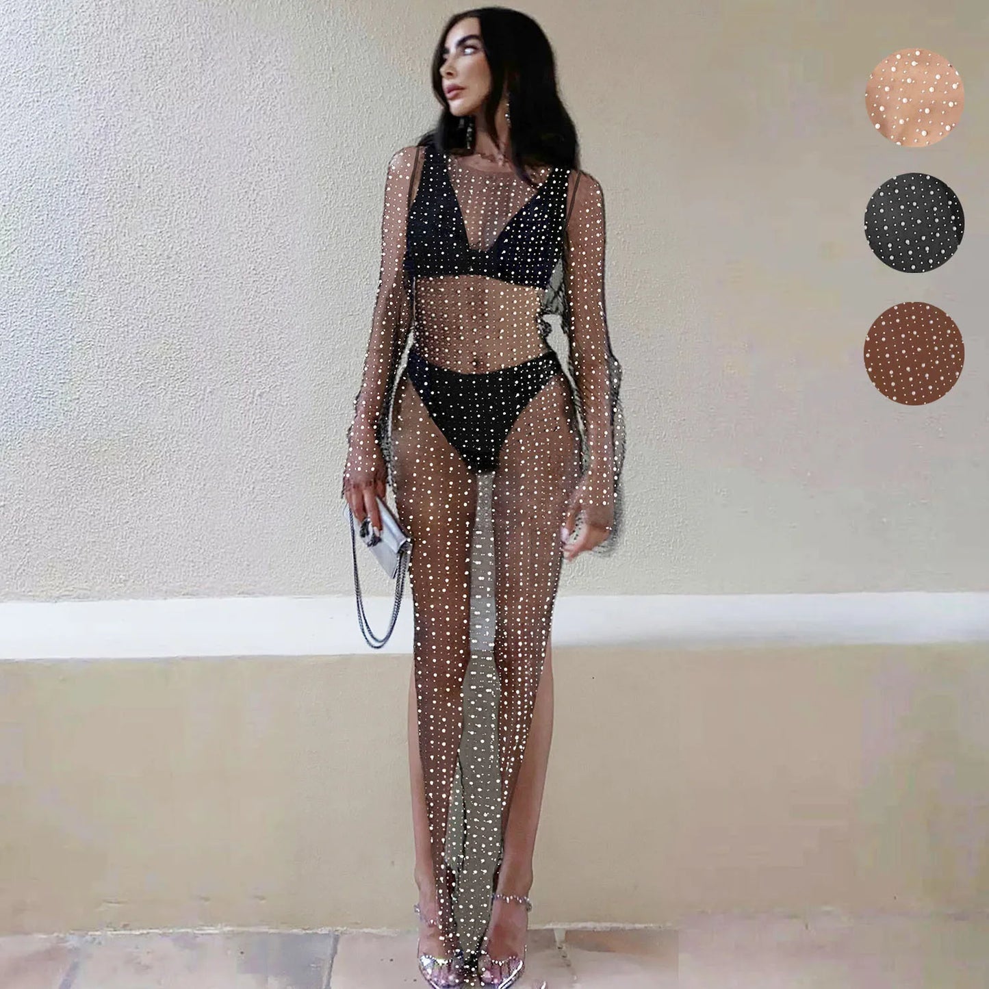 YESMYTOOL  -  Women Sexy Mesh See-through Pearl-Rhinestone Long Dress Long Sleeve Sheer Side Split Cover Up Swimwear Bikini Beachwear