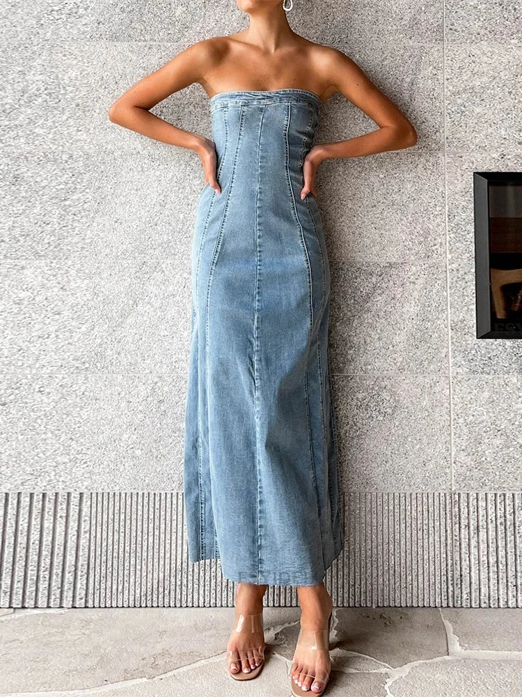 YESMYTOOL  -  Side Slit Denim Bodycon Dress For Women Slim Sleeveless Maxi Dresses Women's Street Sexy Streetwear Woman Autumn 2024 New