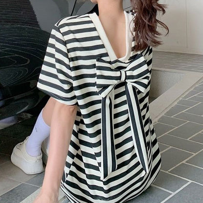 Summer Bow Black and White Striped Tshirt Dress Women V-neck Backless Hollow Out Y2K Straight Skirt Korean Style Elegant Robe