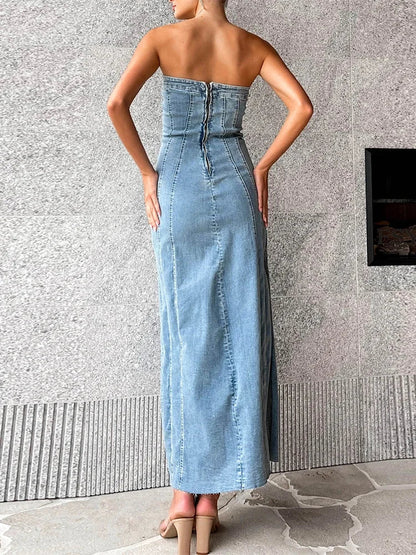 YESMYTOOL  -  Side Slit Denim Bodycon Dress For Women Slim Sleeveless Maxi Dresses Women's Street Sexy Streetwear Woman Autumn 2024 New