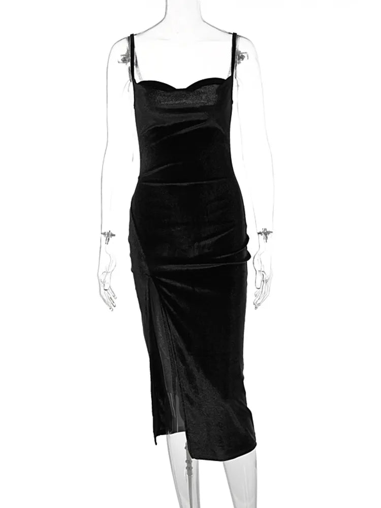 Velvet Swing Collar Sleeveless Slip Sexy Slit Maxi Dress New Fashion Evening Party Women Elegant Streetwear Y2K