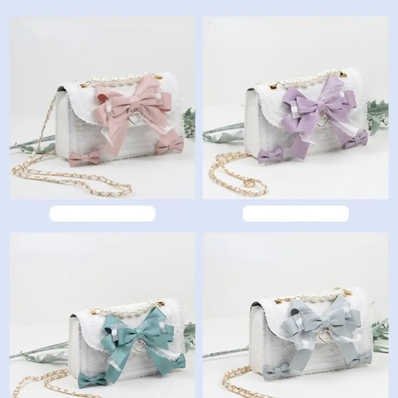 MBTI Bow Lace Shoulder Bag for Girl Pearl Jk Kawaii New Trend Purse Japan Style Gentle Female Designer Crossbody Bag