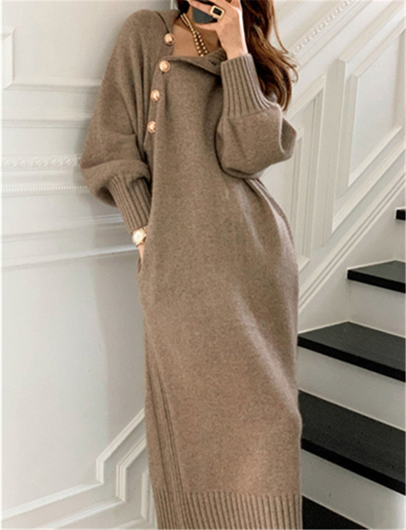 Winter Turtleneck Buttons Women Knitted Dress Elegant Full Sleeve Lace-up Female Thicken Long Dress for Sweater Autumn