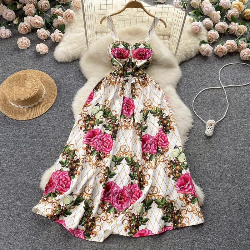 Summer Dress Women Runway Rose Flower Bohemian Spaghetti Strap Floral Print Backless Vacation Party Maxi Dresses