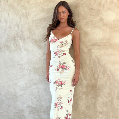 Sleeveless Floral Print Suspender Dress Women Fashion V-neck Slim Maxi Dresses Summer Chic Female Beach Party Club Robe