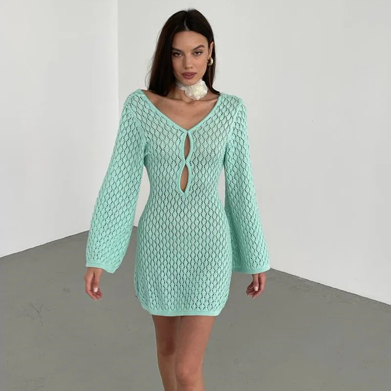 YESMYTOOL  -  Knitted Hollow Beach Short Dress 2024 Spring Summer New Solid Color Long Sleeve V-neck Backless Cover Up Party Clubwear