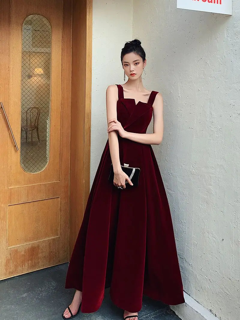 YESAMYTOOL  -  Burgundy Velvet Evening Dress Elegant Spaghetti Strap Ruched Engagement Gown Sexy Backless Zip Simple Ankle-Length Party Vesidos