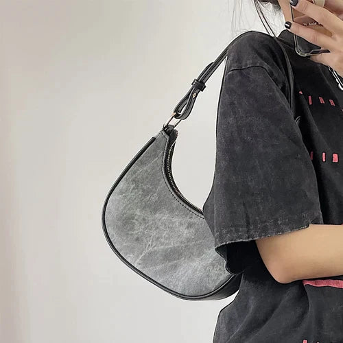 Casual Women Half Moon Underarm Bags Gray PU Leather Hobos Shoulder Bag for Female All Match Ladies Crossbody Bag Purse Handbags