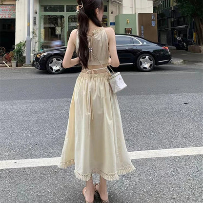 Summer Halter Cut-out Sleeveless Tassel Hem Holiday Beach Women Long Dress