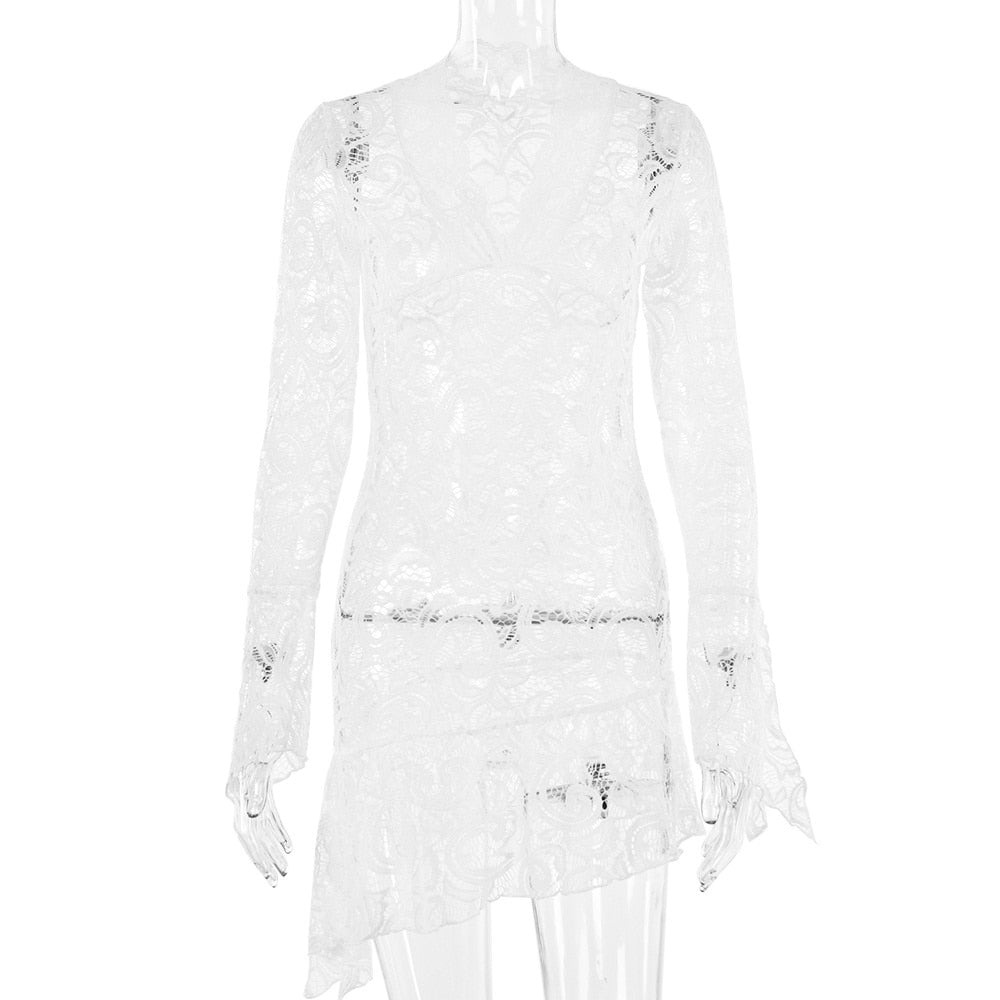 Sexy See Through V-neck Longsleeve Lace Mini Dress Women Summer Skinny Hollow Out Dresses Club Party Clothes