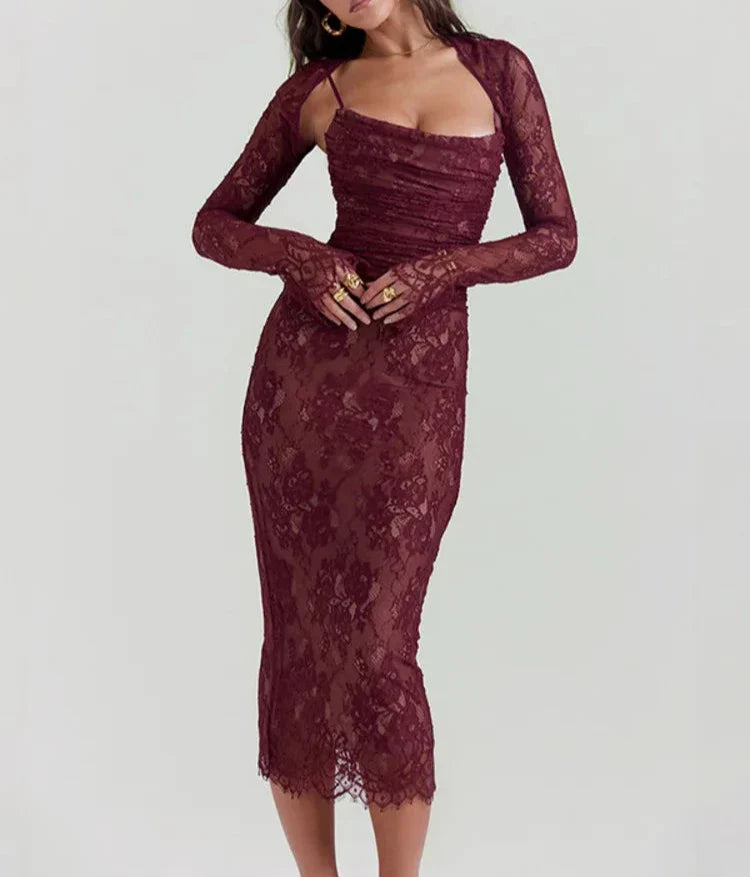 Elegant Print Sexy Long Dress For Women Sheer Mesh Long Sleeve Spaghetti Strap Bandage Bodycon Club Party Long Dress