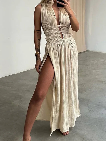 YESMYTOOL  -  Hollow Out Bandage Loungewear Dress, Women Summer Deep V-Neck Fashion Maxi Dress, 2024 Sleeveless Solid Patchwork Ladies Dress