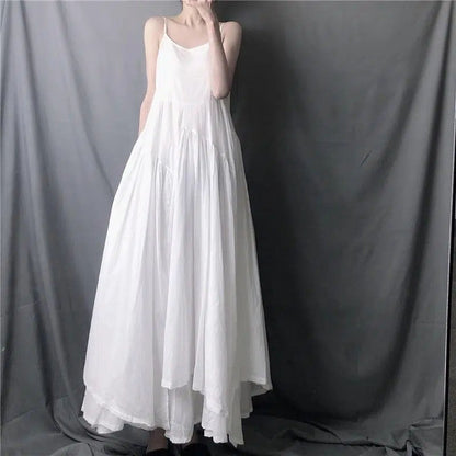 White Camis Dress Women Summer Korean Elegant Irregular Black Long Beach Dress Vintage Loose Solid All Match A Line Dress