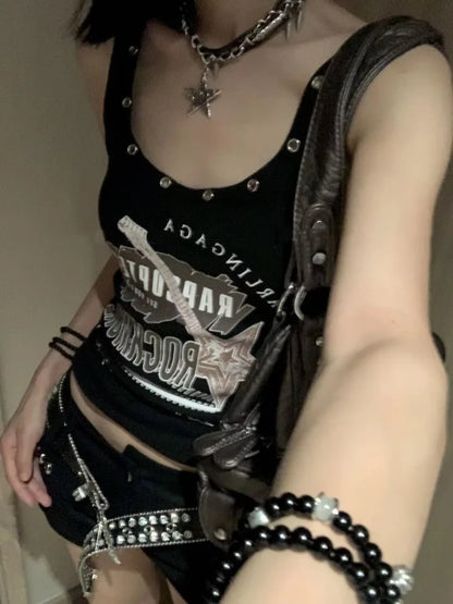 American Vintage Punk Rock Camisole for Women Summer Sexy Slim Fit Print T-shirts Y2k E-Girl Sleeveless Black Tops