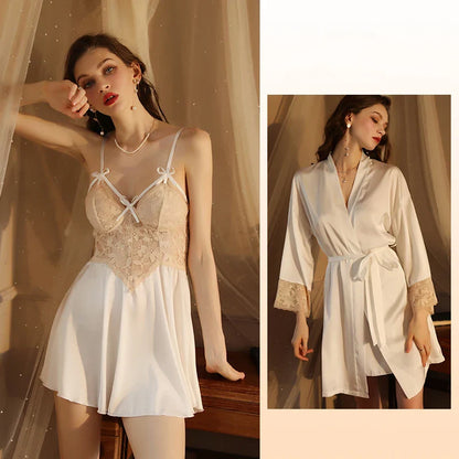 YESMYTOOL  -  Sexy Pajamas for Women Sleepwear Summer Ice Silk Nightgown Bathrobe Suspender Sex Lingerie Nightdress with Robe Babydoll Chemise