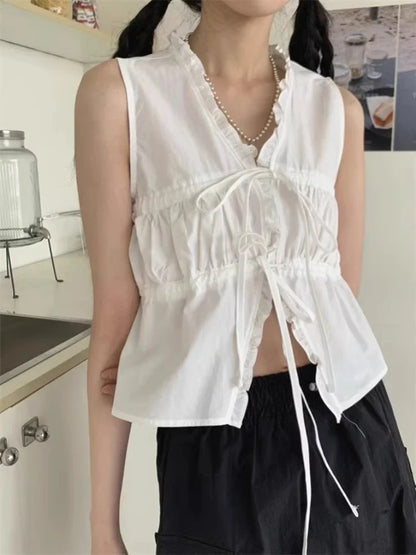 Korean Simple V-neck Lace Up Slim Fit T-shirts Summer Ruched Fungus White Tees Tops Y2k E-Girl Sleeveless Vest  Blouse Shirts