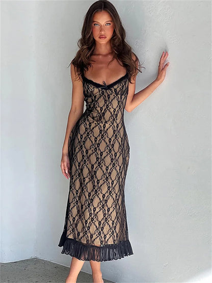 Printed Lace Backless Long Dress Female Spaghetti Ruffled Patchwork Slim See-Through Party Dress Lace-Up Maxi Dress Women