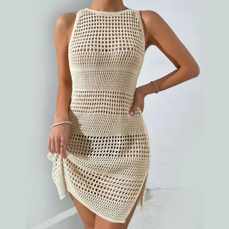 YESMYTOOL  -  Knitted Hollow Out Split Beach Cover Up 2024 Summer Soild Backless Crew Neck Sleeveless Short Dress Vacation Swimsuit