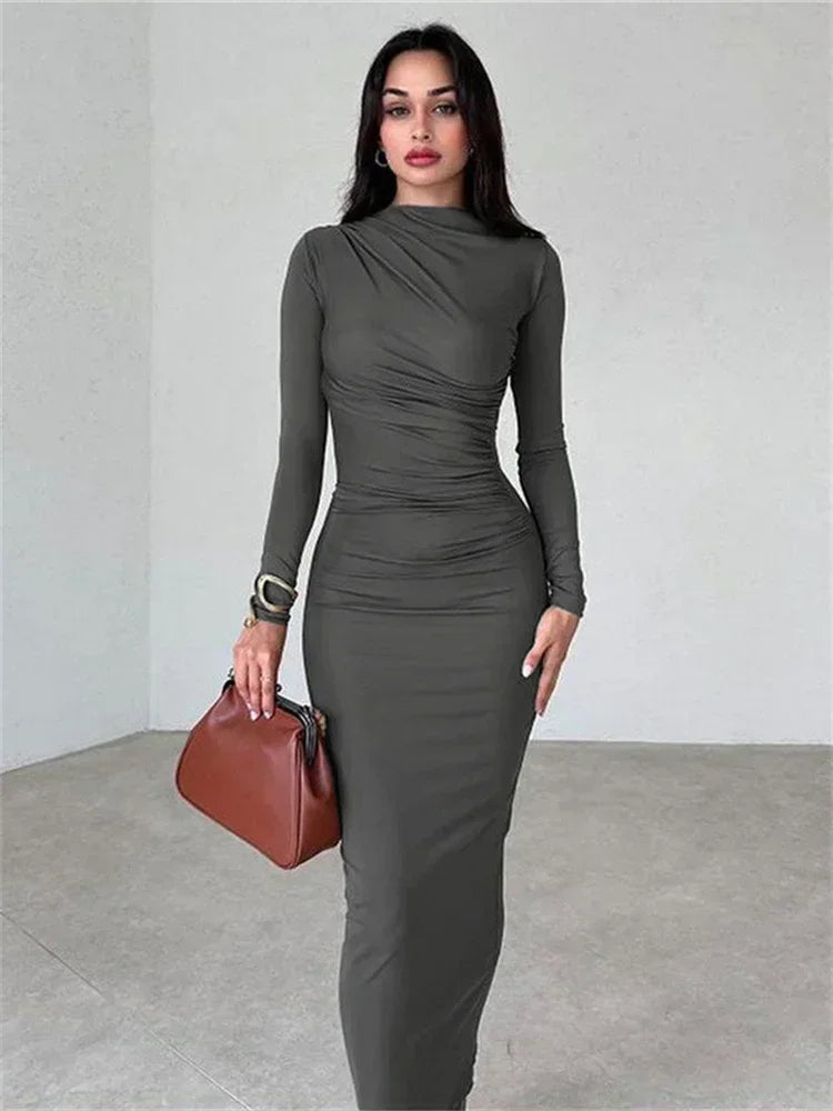 Pleated Long sleeved Slim Maxi Dress Women Solid Fashion Elegant Party Dress Gown Off-Shoulder High Waist Bodycon Dress