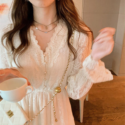 Spring Lace Vintage Fairy Dress Women Elegant Flare Sleeve Korean Party Midi Dress Casual Office Lady Slim Y2k Kawaii Dress