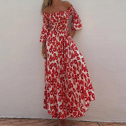 YESMYTOOL  -  Women Spring Summer Three Quarter Flare Sleeve Maxi Dress, Fashion Floral Printing Party Dress, Slash Neck Backless Ladies Dress