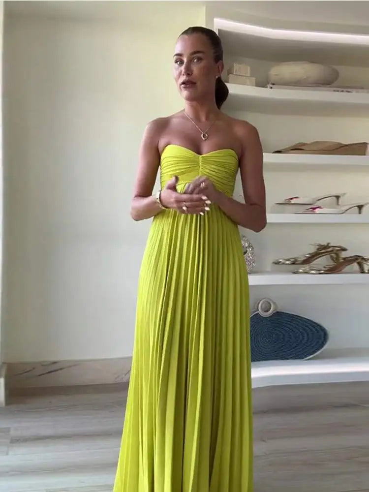 Female Strapless Pleated Elegant Party Dress Sexy Sleeveless Off Shoulder Maxi Dress New Lady Prom Gown Evening Vestidos