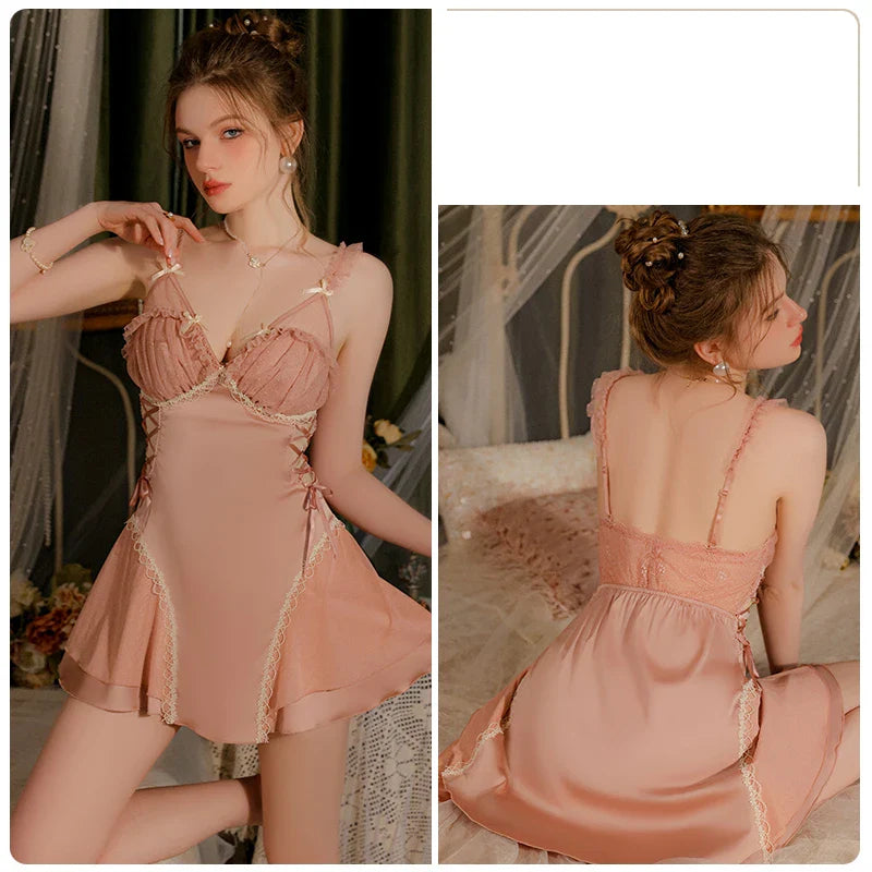 YESMYTOOL  -  Sweet Women Pajamas Bathrobe Backless Suspender Nightdress Sexy V Neck Lace Silk Nightgown Robe Set Homewear Bridesmaids Gifts