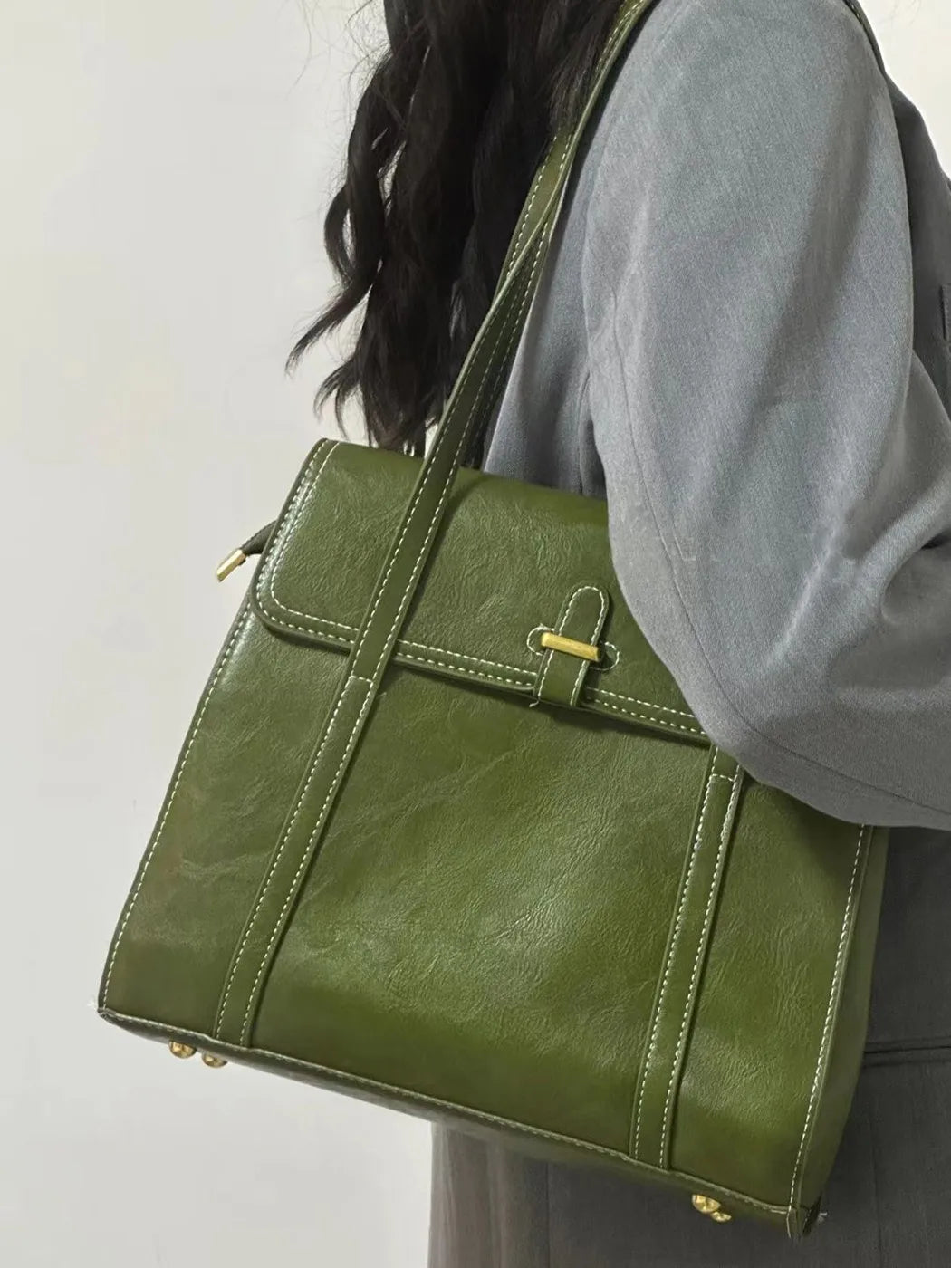 Green Vintage Handbags Women High Street Pu Leather Large Capacity Casual Shoulder Tote Bag Female Y2k Handbag Aesthetic