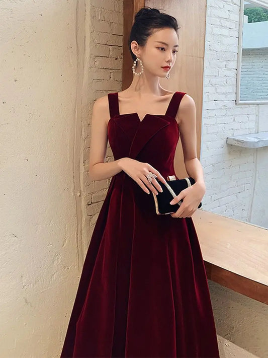 YESAMYTOOL  -  Burgundy Velvet Evening Dress Elegant Spaghetti Strap Ruched Engagement Gown Sexy Backless Zip Simple Ankle-Length Party Vesidos