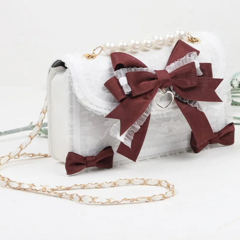 MBTI Bow Lace Shoulder Bag for Girl Pearl Jk Kawaii New Trend Purse Japan Style Gentle Female Designer Crossbody Bag