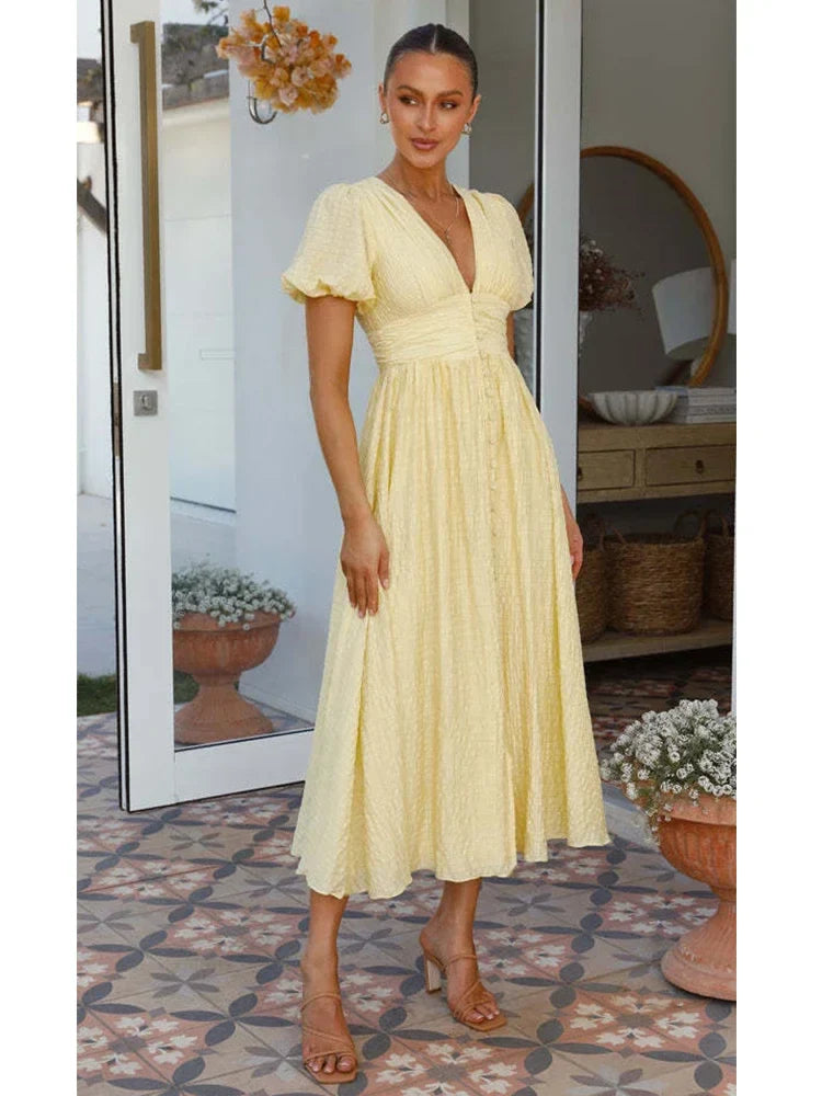 YESMYTOOL  -  V-neck Yellow Puff Sleeve Split Solid Summer Women Dress 2024 A-line Maxi Long Sundress Vestido Button Beach Dress Party