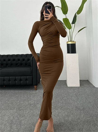 Pleated Long sleeved Slim Maxi Dress Women Solid Fashion Elegant Party Dress Gown Off-Shoulder High Waist Bodycon Dress