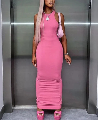 Women Fashion Summer Sleeveless Streetwear Bodycon Pink Pencil Long Dress Wholesale Items For Business