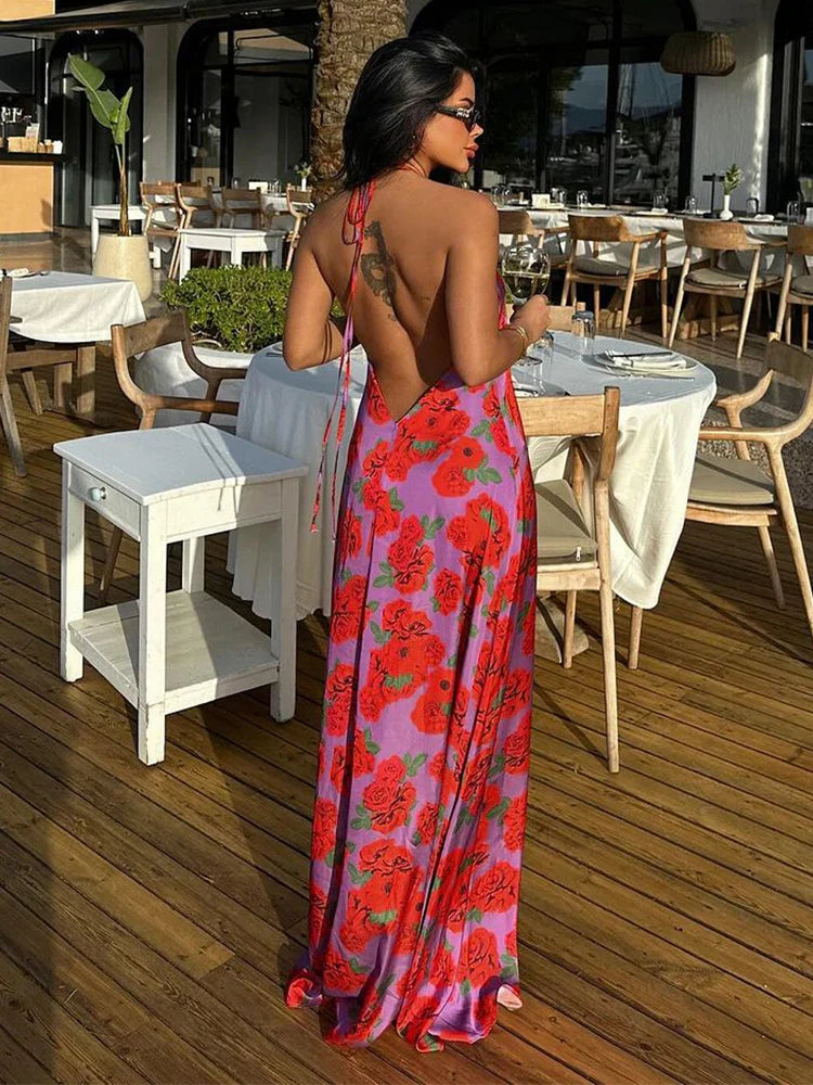 YESMYTOOL  -  Sexy Backless Flower Printed Women Maxi Dress Elegant V-neck Sleeveless Satin Halter Dresses Summer Lady Beach Vacation Robes