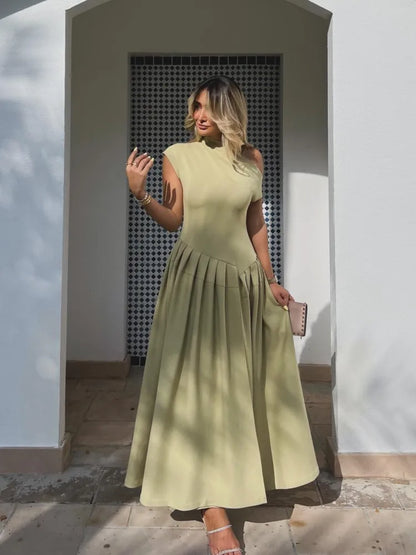 Elegant Solid Asymmetry Women Maxi Dress Fashion Stand Collar Short Sleeve Pleated A-line Dresses Lady Slim Commuting Robes