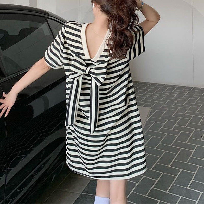 Summer Bow Black and White Striped Tshirt Dress Women V-neck Backless Hollow Out Y2K Straight Skirt Korean Style Elegant Robe