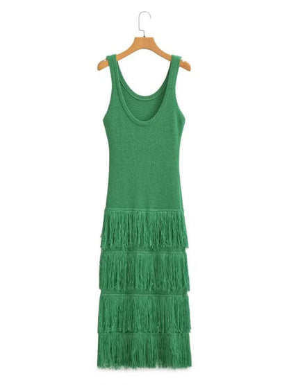 Women Solid Tassel Knitted Dresses Summer Female O-Neck Sleeveless Sheath Strap Dresses Two Colors