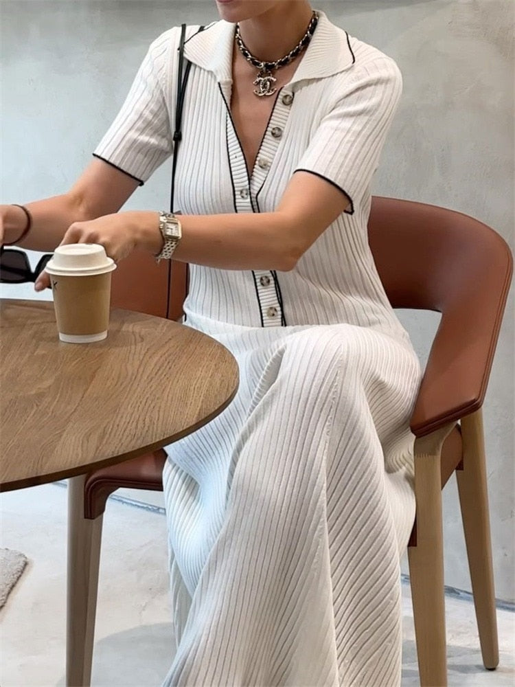 White Knit Fashion Maxi Dress Women Short Sleeve Patchwork Elegant Party Dress Knitwear Lapel High Street Women's Dress