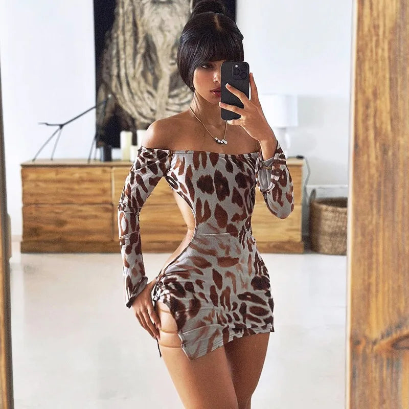 YESMYTOOL  -  Leopard Printed Backless Short Dress  Spicy Girl 2024 Autumn New Long Sleeve Crew Neck Hip Wrapped Vestidos Party Clubwear