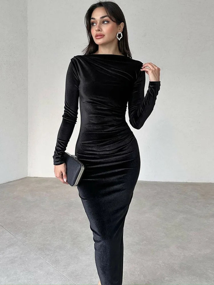 Elegant Velvet Long Sleeve Sexy Maxi Dress For Women Autumn Winter New Fashion O Neck Bodycon Club Party Long Dress