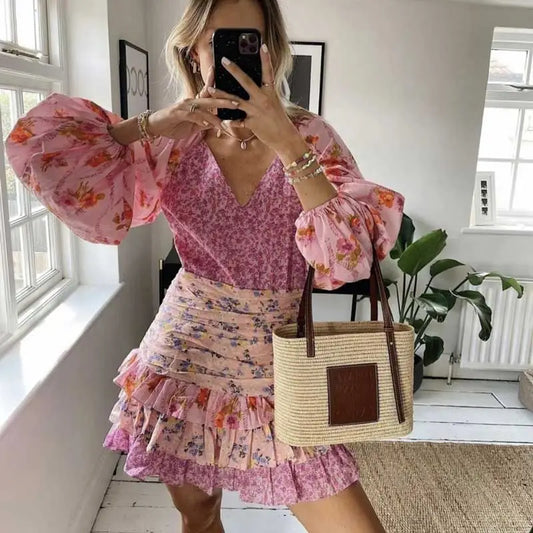 women's spring summer dress long sleeve V-neck tiered ruffled dress women floral print elegant party dress