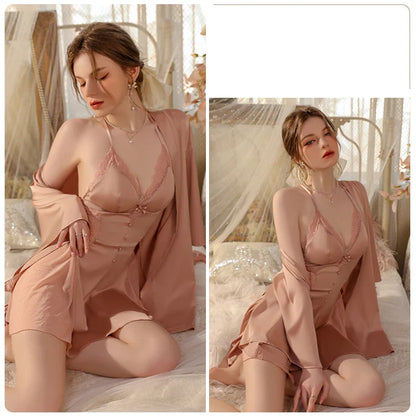 YESMYTOOL  -  Elegant Sexy Pajamas Women Sleepwear Night Gown Robe Set Ice Silk Sling Nightdress Lingerie Female Homewear Bathrobe Babydoll