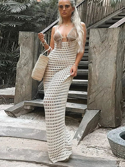 YESMYTOOL  -  Summer Stone Strappy Crochet Knitted Long Dress Women Sexy See Through Beach Sundress Femme Sleeveless Party Vestidos