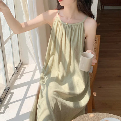 YESMYTOOL  -  Causal Pleated 100% Cotton Dresses Women Clothing Beach Vacation Sundress A-Line Sleeveless Square Collar Soild Midi Dress Robe