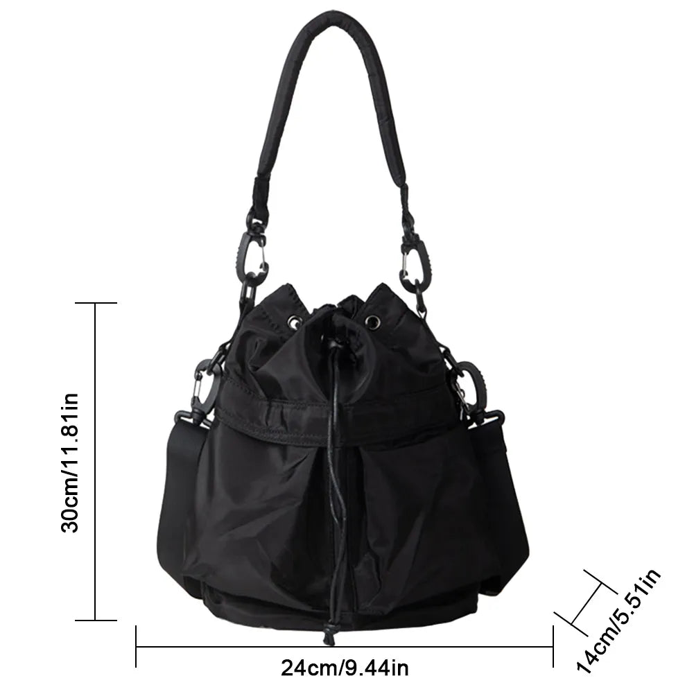 Bucket Bag for Women Nylon Solid Color Crossbody Bag Fashion Drawstring Top-handle Handbag Casual Large Capacity Commute Bag