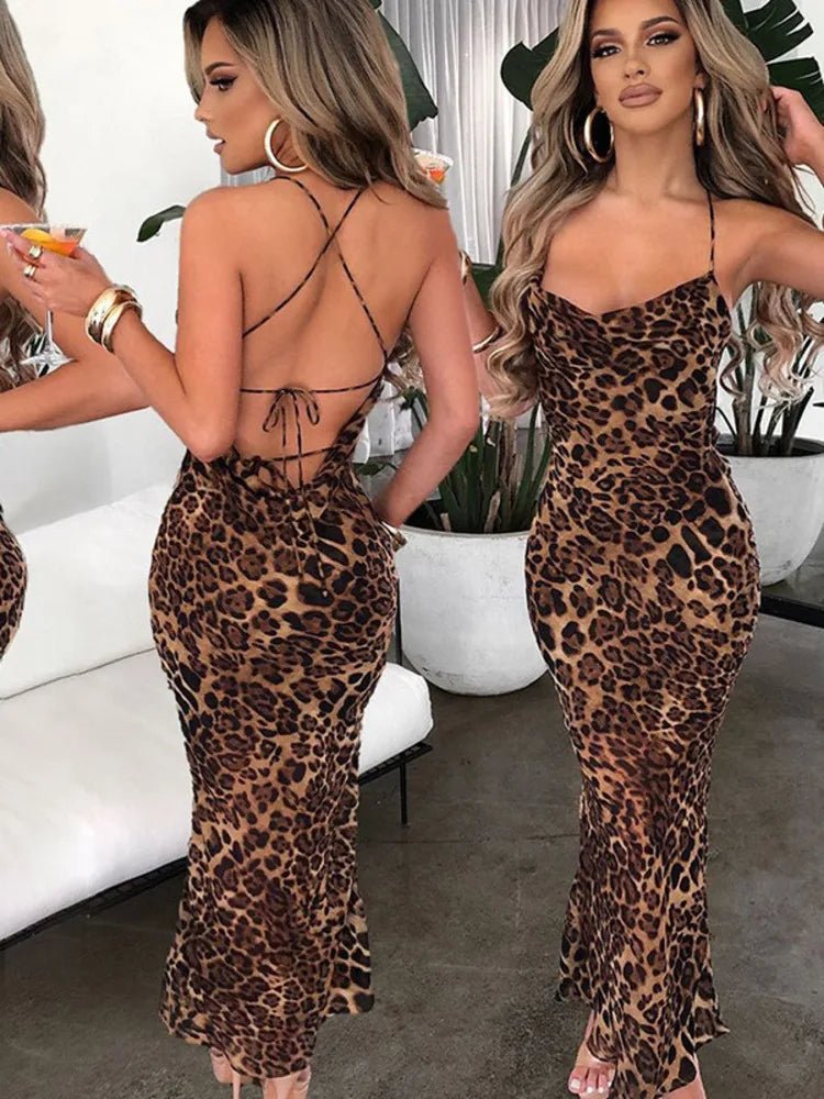 Elegant Leopard Print Maxi Dress For Women Summer Sexy Club Party Dresses Female Spaghetti Strap Sleeveless Long Dress