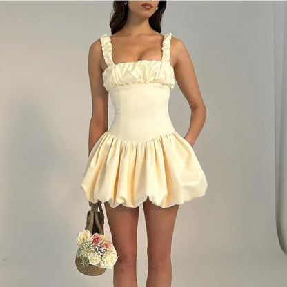 Satin Suspender Mini Dress For Women Ball Gown Splice Sexy Sleeveless Ruched Solid Summer New Princess Party Dress Female