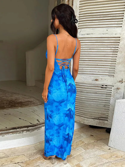 Spaghetti Strap Print Maxi Dress For Women Gown Summer New Sleeveless Backless Bodycon Club Party Long Dress Fashion